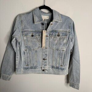 saltwater LUXE Women's Blue Button Down Rhinestone Fringe Jean Jacket‎ - Size XS